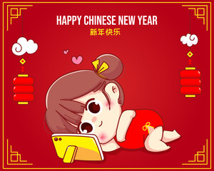 Cute girl lying relaxing and watch movie on a tablet. happy chinese new year cartoon character illustration Premium Vector