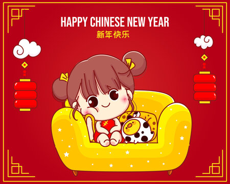 Cute girl Sitting on the sofa at home, happy chinese new year cartoon character illustration Premium Vector