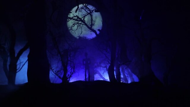 bloodthirsty zombies attacking concept. Silhouette of scary zombie walking in the dead forest at night. Creative table decorations. Selective focus