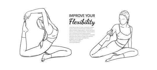 Straetching women with text block for banner or brochure. Flexibility improving yoga poses. Hand drawn sketch vector illustration isolated on white background