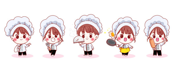 Set of smiling cute chef in different postures cartoon  illustration Premium Vector