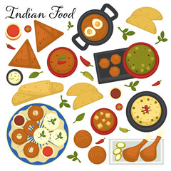 Indian cuisine menu, collection of dishes of India. Soups and tandoori, spicy snacks vector in flat