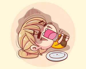 Young Girl feel hungry want to eat cartoon set illustration Premium Vector