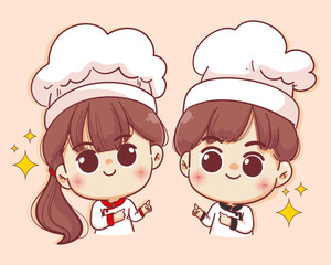 Smiling happy female chef and male chef. Woman chef and male chef is cooking. Hand drawn vector illustration