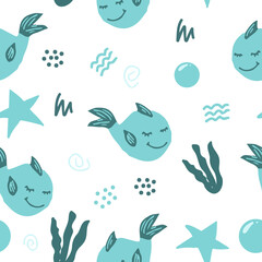 Fototapeta premium cute fish whale vector seamless pattern with seaweed, stars, doodles. hand drawn. illustration for childrens wallpaper, wrapping paper, textiles. blue, green. marine animal, sea.