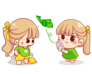 Girl using mobile bank for remittance of money cartoon  illustration Premium Vector
