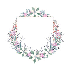 Fototapeta na wymiar Winter watercolor in a gold polygonal frame with sprigs of snow berries and poinsettia flowers. Hand-drawn illustration. For invitations, greeting cards, prints, posters, advertising.