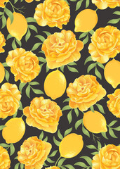 Seamless pattern of lemon fruit with yellow rose flower on dark background template. Vector set of lemon element for advertising, packaging design of lemon tea products and fashion design.