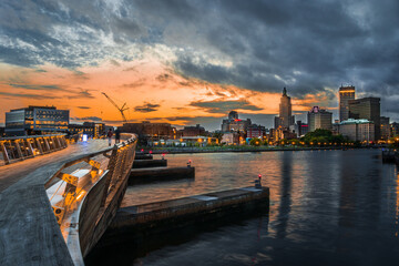 Providence pedestrian bridge at sunset
