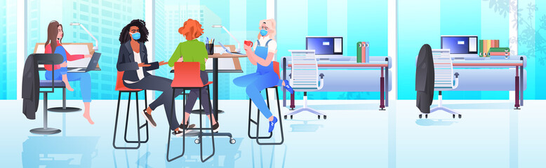 mix race businesswomen in masks working and talking together in coworking center coronavirus pandemic teamwork concept modern office interior horizontal full length vector illustration