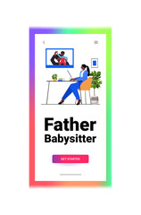 african american businesswoman discussing with husband and son during video call parenting concept dad housewife spending time with his kid vertical copy space vector illustration