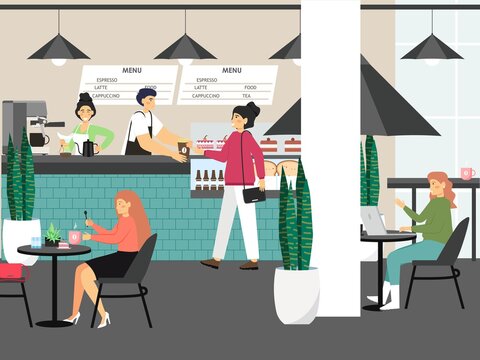 People in cafe work and drink coffee, concept vector illustration. Customers buy coffee in cafe shop