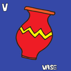 vase-hand drawn lettering on blue background. red vase vector illustration. V-alphabet, english language for kids. hand drawn vector. doodle for education, card, poster. unique vase. 