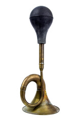 Old copper car horn on white background