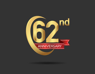62 years anniversary logo style with swoosh ring golden color and red ribbon isolated on black background for company celebration, greeting, and invitation