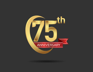 75 years anniversary logo style with swoosh ring golden color and red ribbon isolated on black background for company celebration, greeting, and invitation