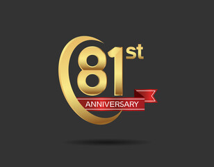 81 years anniversary logo style with swoosh ring golden color and red ribbon isolated on black background for company celebration, greeting, and invitation