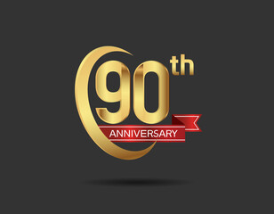 90 years anniversary logo style with swoosh ring golden color and red ribbon isolated on black background for company celebration, greeting, and invitation