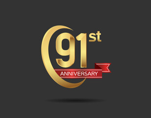 91 years anniversary logo style with swoosh ring golden color and red ribbon isolated on black background for company celebration, greeting, and invitation