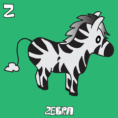 Fototapeta na wymiar zebra vector illustration on green background. little horse with striped with hair. Z-alphabet, english language for kids. hand drawn lettering-zebra. doodle animal for kids, card, education, poster. 