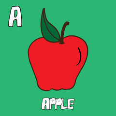 apple-hand drawn lettering. red apple with green leaf. vector illustration on green background. A-alphabet, english for kids. colorful card. hand drawn vector. doodle fruit for education, poster. 