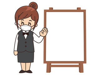 ウエイトレスの女性と店頭看板　マスク