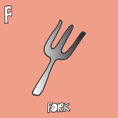 Fototapeta premium fork icon on pink background. hand drawn vector. F-alphabet, english for kids. colorful card design for preschool, kindergarten. fork-hand drawn lettering. doodle for poster, education. 