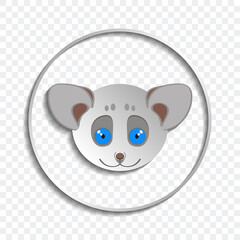 Round icon or emblem with shadows. Head of a funny gray mouse. Blue eyes. EPS10