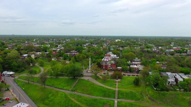 Aerial Dolly Shot of Libby Hill Park and Confederate Soldiers and Sailors Monument in Richmond, Virginia