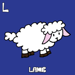 lamb-hand drawn lettering. vector illustration of lamb on blue background. white cute lamb for kids. hand drawn vector. doodle animal for education, card, poster, wallpaper. funny and fun image. 
