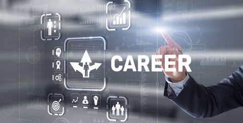 Career Inscription and people icons on virtual screen. Businessman pressing Career.