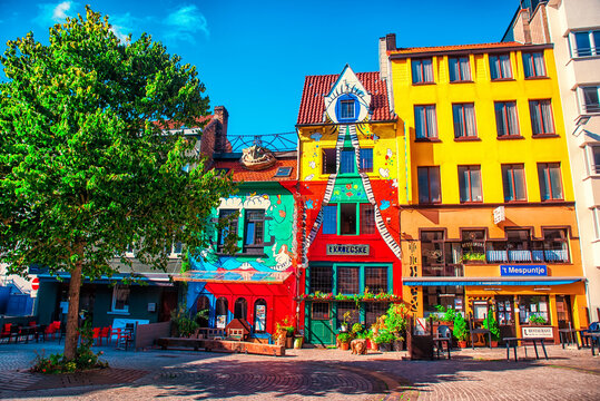 Ostend -Belgium - 09.18.2019: Colorful houses on the street of Ostend