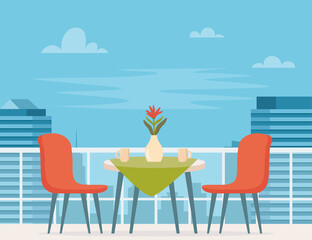 Summer outdoor cafe terrace with table and seats on modern city background. Street restaurant scene in flat design. Romantic dinner table for two. Vector illustration.