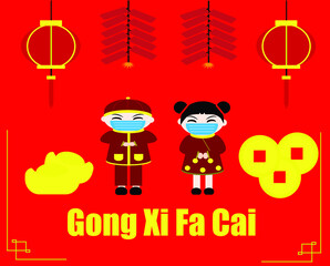 A vector of two kids celebrating Chinese New Year during covid-19 pandemic concept. In illustration mention Happy Chinese New Year in Chinese word