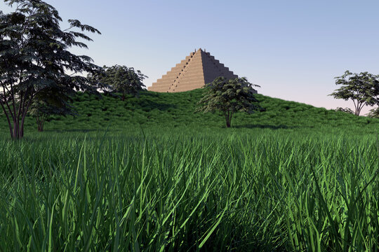 pir&aacute;mides escalonada en un valle lleno de pasto y pocos &aacute;rboles 3d r render 