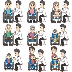 病院で男性の先生のワクチン（予防接種）を受ける車椅子に乗った人のイラストセット