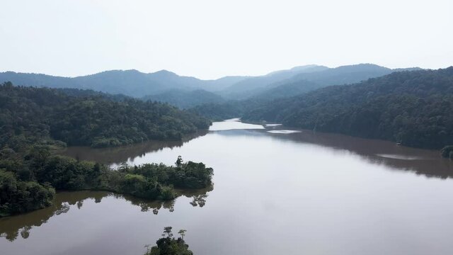 Aerial view at mountain lakeside in morning, Asia