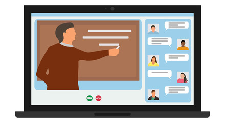 Distance learning, online education. Man teacher write chalk on blackboard and students of University listening teacher using laptop and chatting. Screen of laptop. Vector illustration