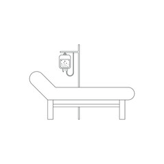 Hospital bed and cross with medicine dropper icon.