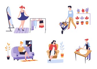 Pastime or hobby and leisure activity shopping and planting craft vector girl near mirror and man with flower pots