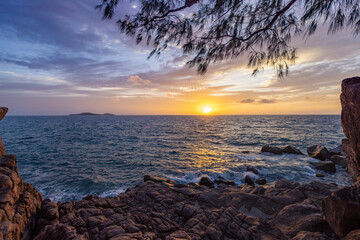 Sunset view of the Indian Ocean from Pointe Ste Marie on Praslin Island in the Seychelles 