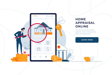 Home appraisal online landing page template. Banker is doing property inspection of a house, holding a magnifying glass. Real estate valuation, home value for web site design. Flat vector illustration