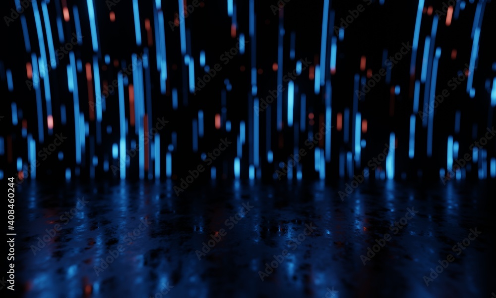 Poster 3d rendering of abstract technology. computer circuit dots, and lines reflecting on wet puddle floor