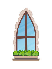 Old window with flowers and stone cladding. Cartoon style. Vector