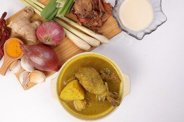 South east Asian curry chicken in ceramic bowl with incidents lemongrass galangal ginger onion garlic dry chilli turmeric powered coconut milk on chopping bard over white background