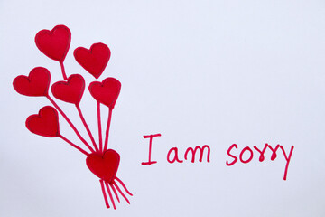 i am sorry message card handwriting with red heart draw in valentine on paper white