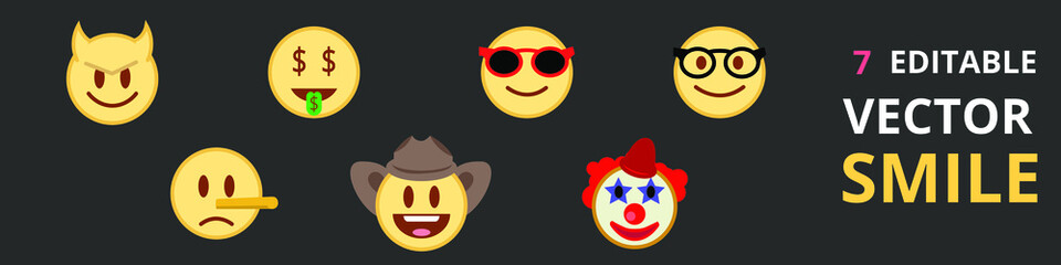 Big set of defferent smile vector isolated icons. Smiling and crying faces. Angry and funny.