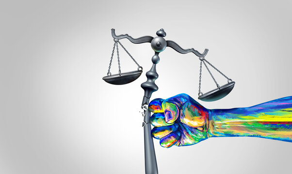 Social change law and society justice concept as a fist representing diversity and a diverse community fighting for changing legislation as a law scale for global equality