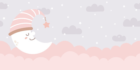 Seamless clouds, stars, and crescent background in pale pastel colors. For nursery room wallpaper, decoration, web banners, headers, etc. © Torico
