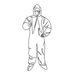 Man in protective cover all suite to prevent from virus infection. Continuous one line drawing 